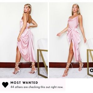 PrettyLittleThing Satin Cowl Neck Side Gather Midi Dress in Rose